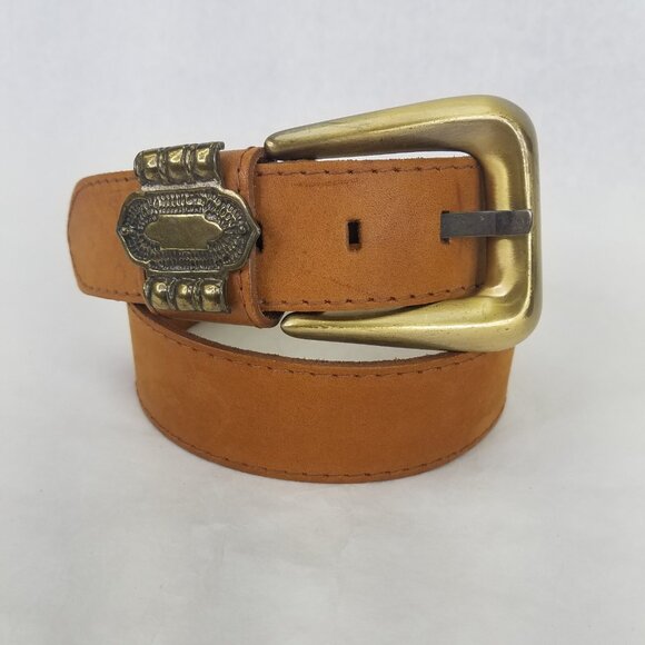 Leather Belt Women M Brown Top Grain Western Brass Buckle Medallion 29"-32" VTG - Picture 1 of 12